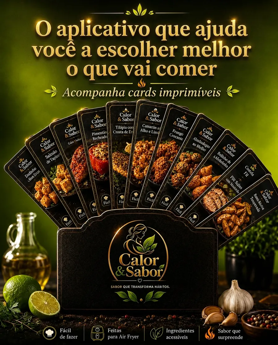 O aplicativo Calor & Sabor que ajuda você a escolher melhor o que vai comer, acompanhado dos cards imprimíveis dispostos como um leque de cartas