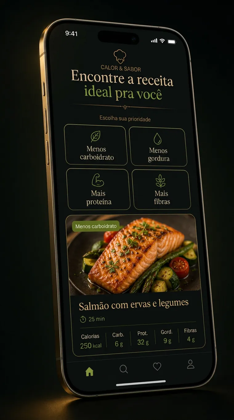 App Calor & Sabor no celular mostrando os filtros menos carboidrato, menos gordura, mais proteína e mais fibras, com a informação nutricional da receita por porção